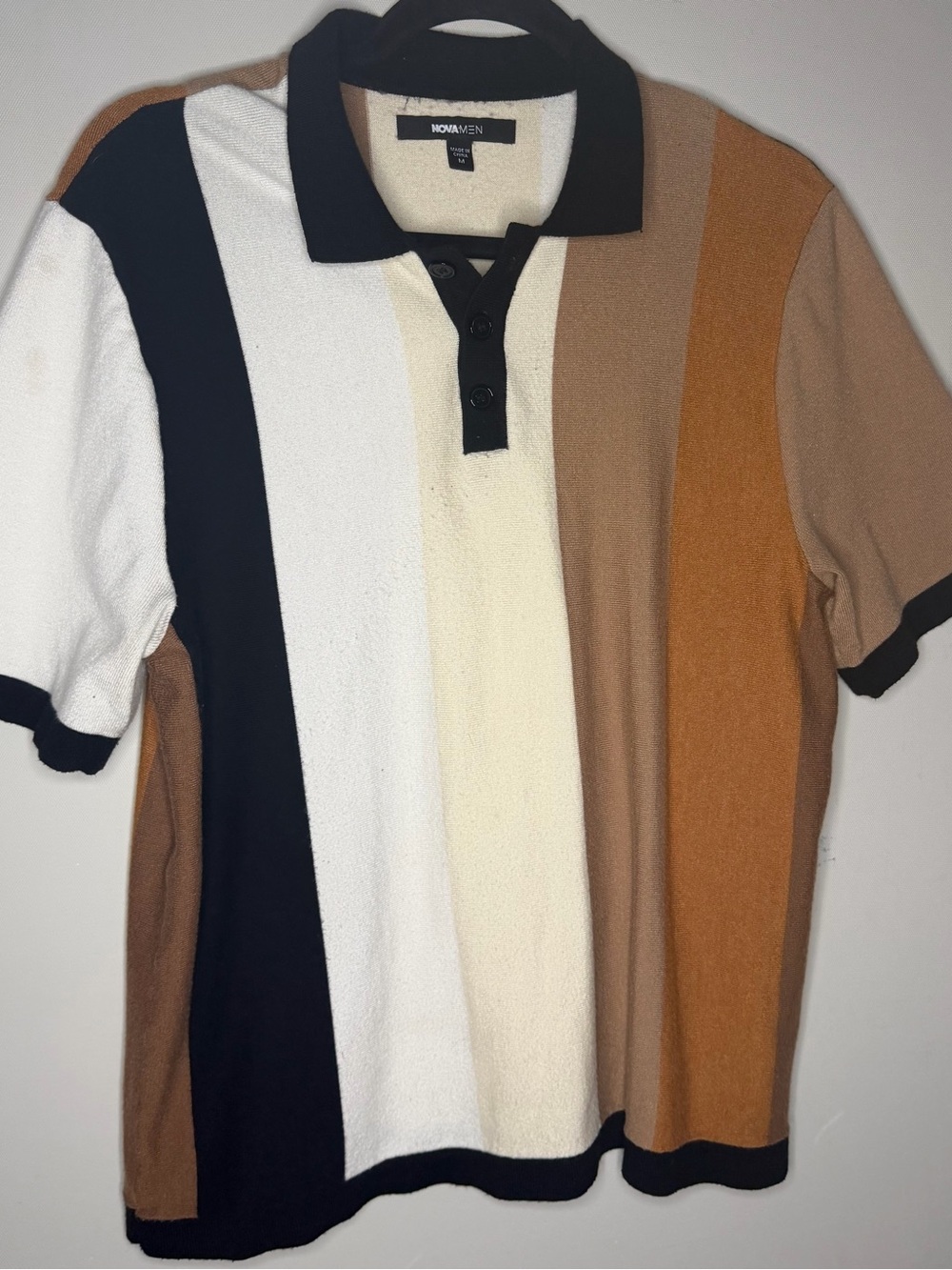 Men’s Multi-Stripe Polo Shirt in Black, White & Brown